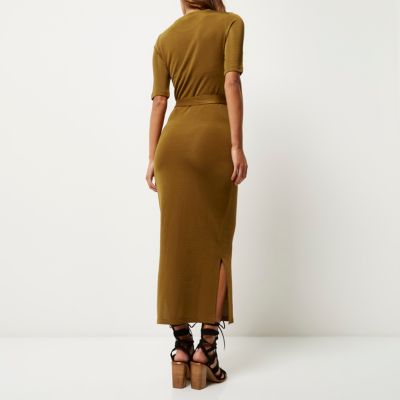 Gold belted bodycon midi dress